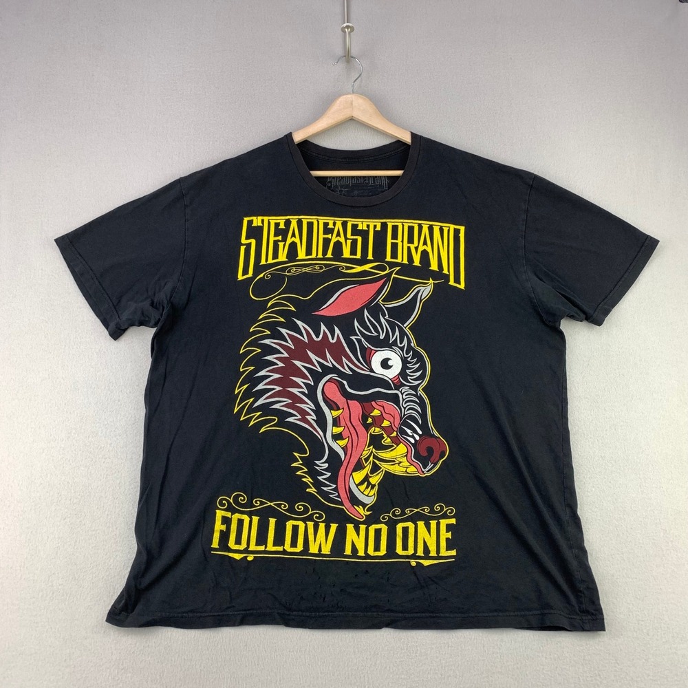 Steadfast Brand T-Shirt Men 2XL Black Tattoo Art Wolf Graphic Tee Follow No One